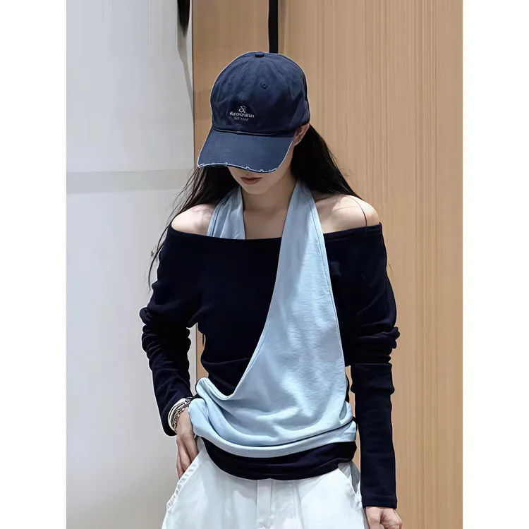 松弛感简约撞色一字肩假两件挂脖T恤女秋季新款修身显瘦气质上衣