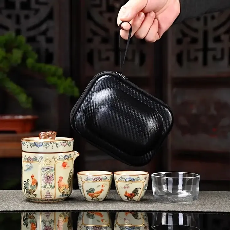 汝窑旅行茶具套装便携式一壶三杯金鸡四喜泡茶户外露营商务伴手礼