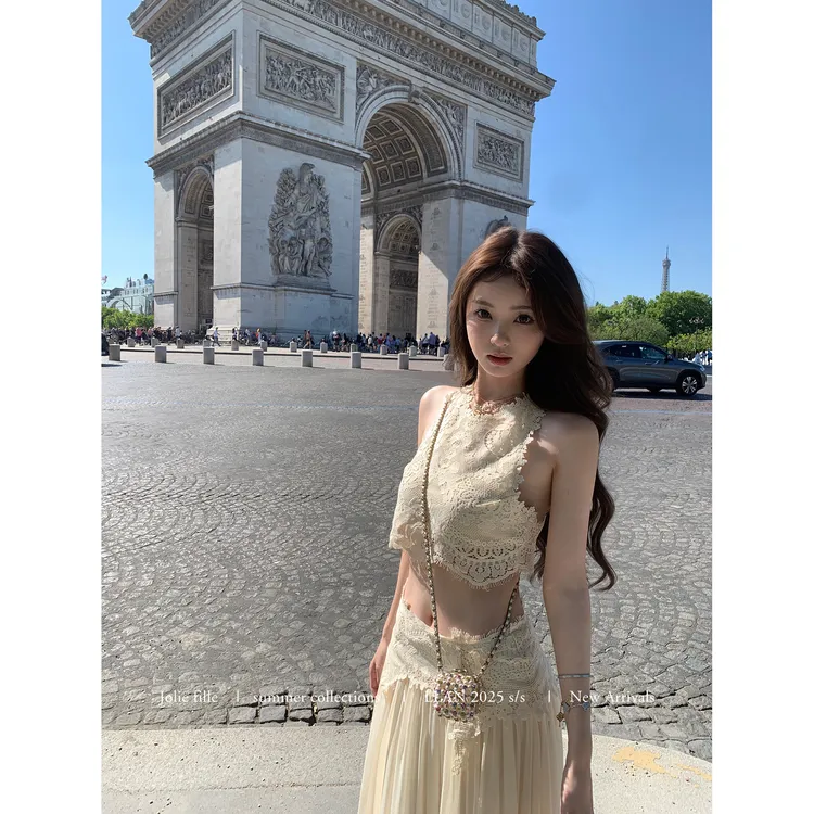 优雅甜美精致睫毛蕾丝上衣+长裙套装女