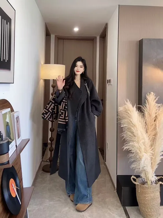 常规秋冬长款插肩袖翻领毛呢外套双面女装通勤风山系