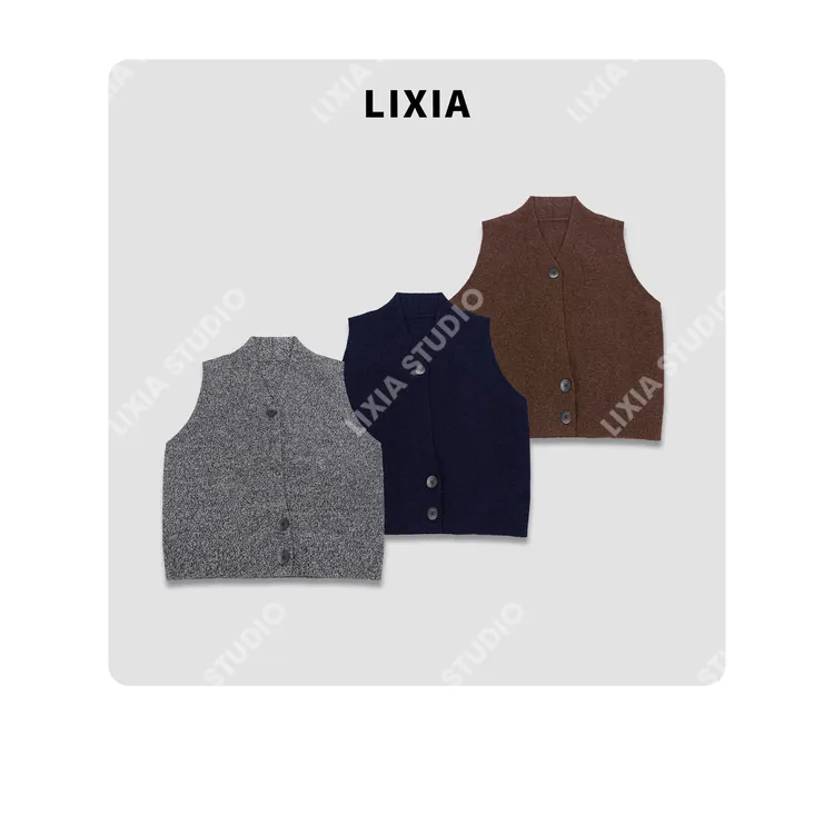 LIXIA【舒适主义】极简风潮流斜纽扣设计感纯羊毛V领针织马甲-D9370