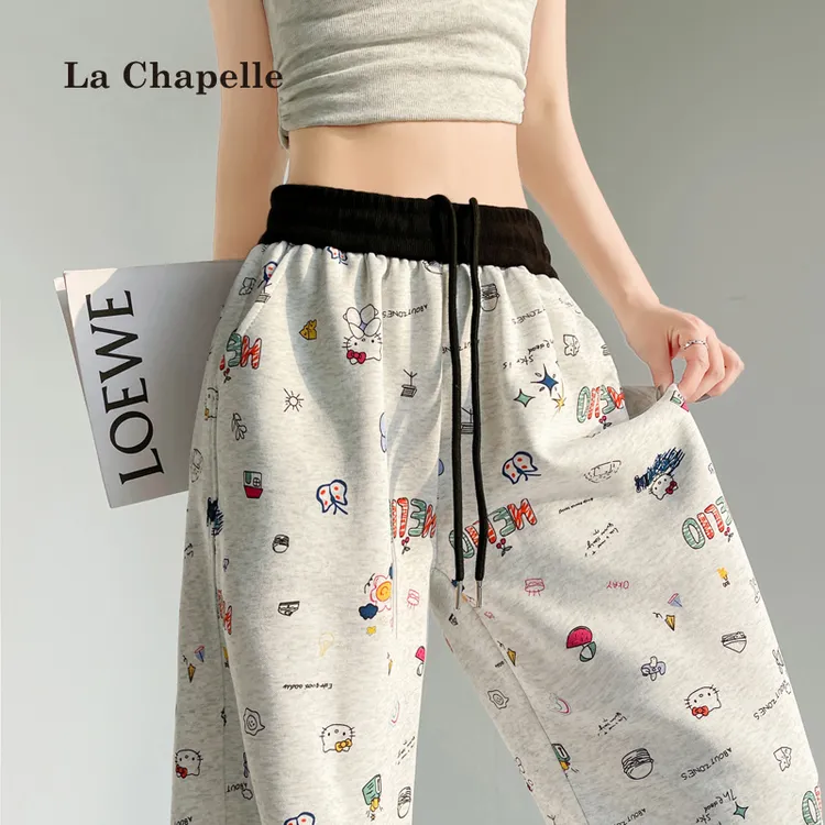 拉夏贝尔深花灰卡通手绘KT猫涂鸦卫裤女春夏抽绳松紧腰弯刀休闲裤