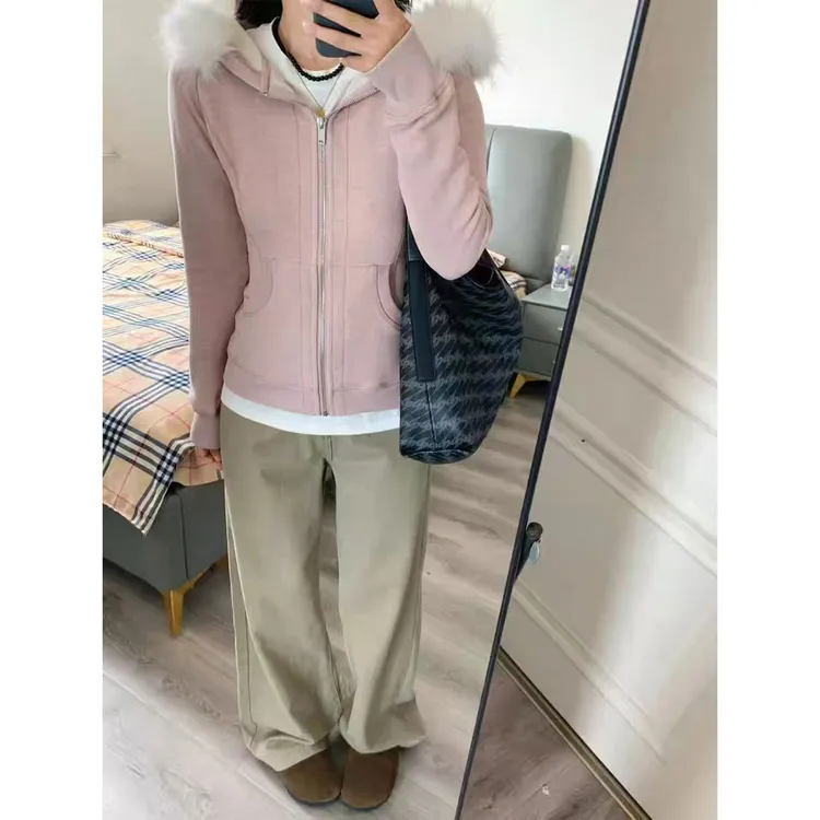 小众炸街高级感女装2025秋季新款粉色开衫上衣连帽毛领卫衣外套