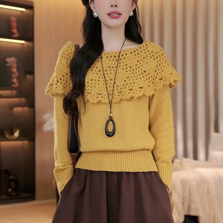 镂空黄色一字肩针织衫2025秋季慵懒宽松显瘦毛衣洋气减龄内搭上衣