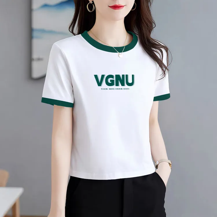 正肩短袖t恤女士夏季修身显瘦体恤撞色拼接圆领小衫字母印花上衣
