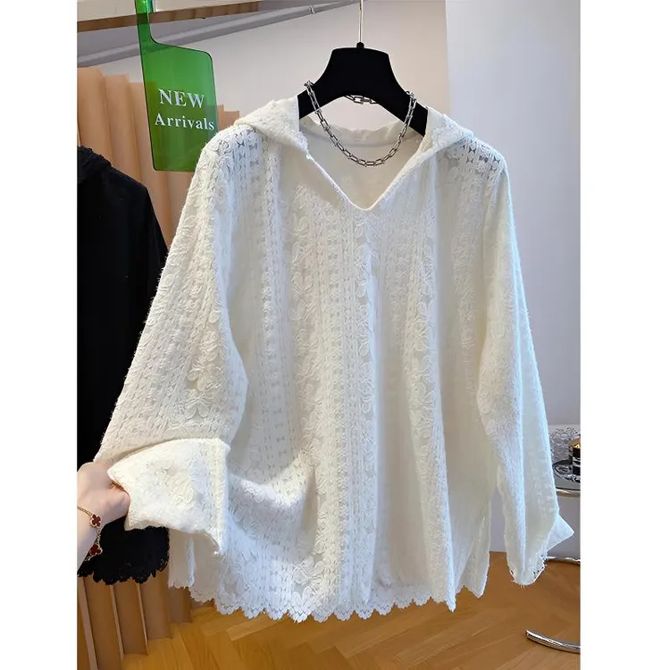 春季胖MM大码提花镂空连帽洋气女休闲宽松叠穿遮肉百搭打底衫上衣