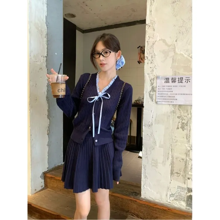 韩系学院风套装女木耳边拼接针织开衫上衣秋冬百褶裙半身裙两件套