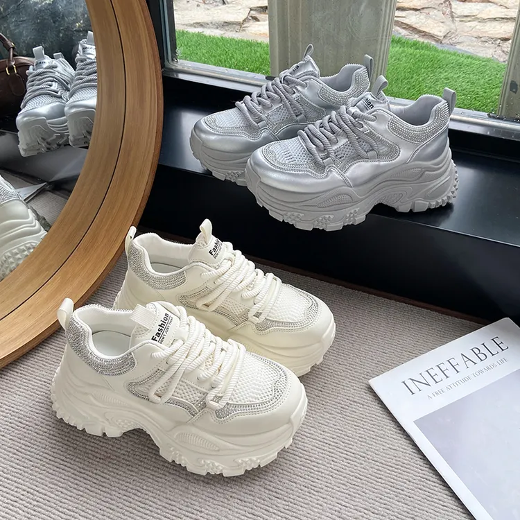 （单网）蜘蛛网爆款厚底老爹鞋女水钻显脚小休闲鞋2025款松糕运动鞋