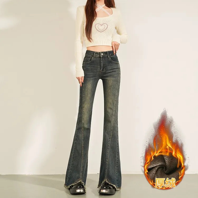 高腰显瘦加绒喇叭裤高弹开叉阔腿休闲风牛仔裤秋冬修身微喇叭
