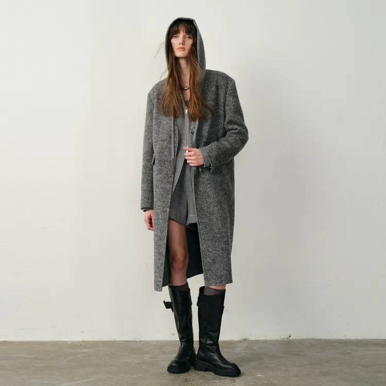 U/TI 围脖款设计感桑蚕丝高定混纺花灰色中长款羊毛双面呢大衣