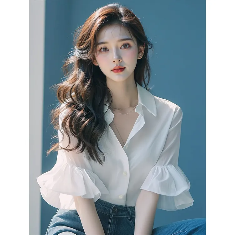 法式高级感超好看别致绝美上衣小香风高端轻奢白色荷叶袖衬衫女夏