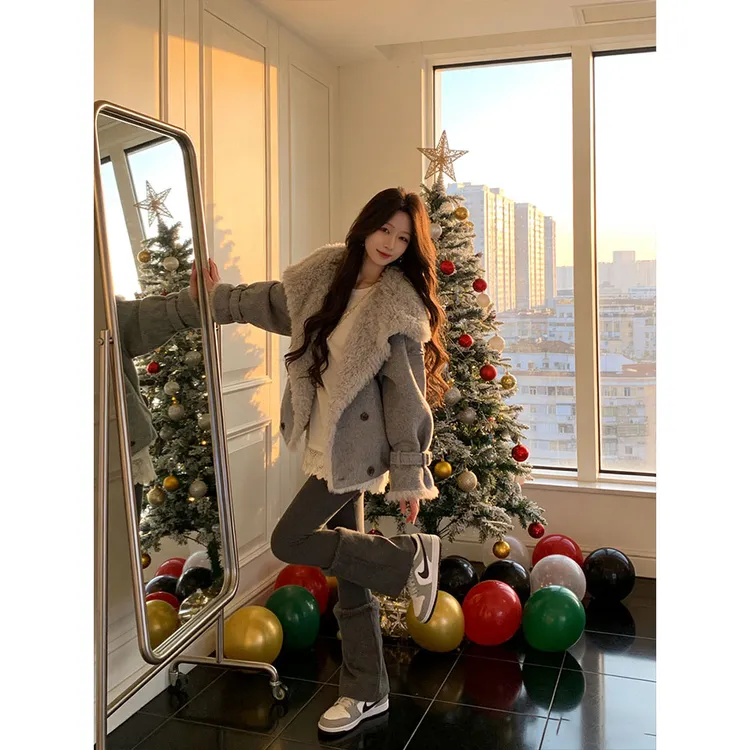 INS CEC韩系新款设计感羊羔绒毛呢外套女秋冬新款高级感毛绒上衣