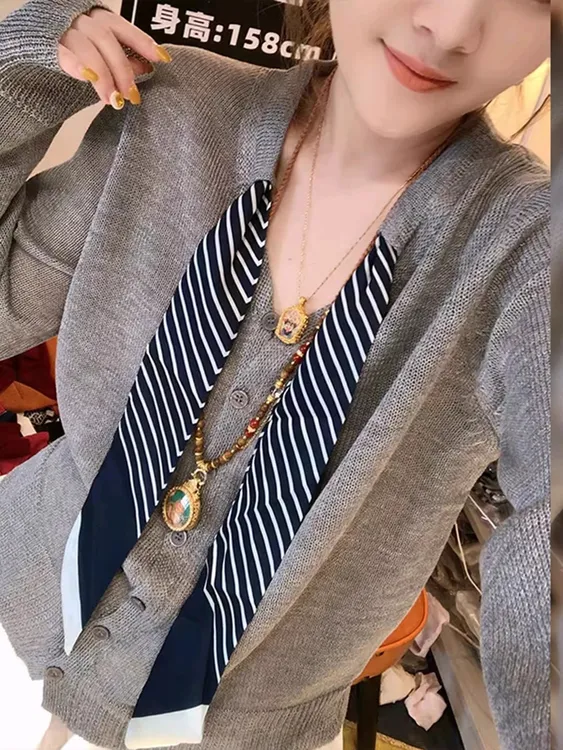 秋冬季单排扣显瘦开衫上衣常规款V领领带设计感毛针织衫时尚洋气