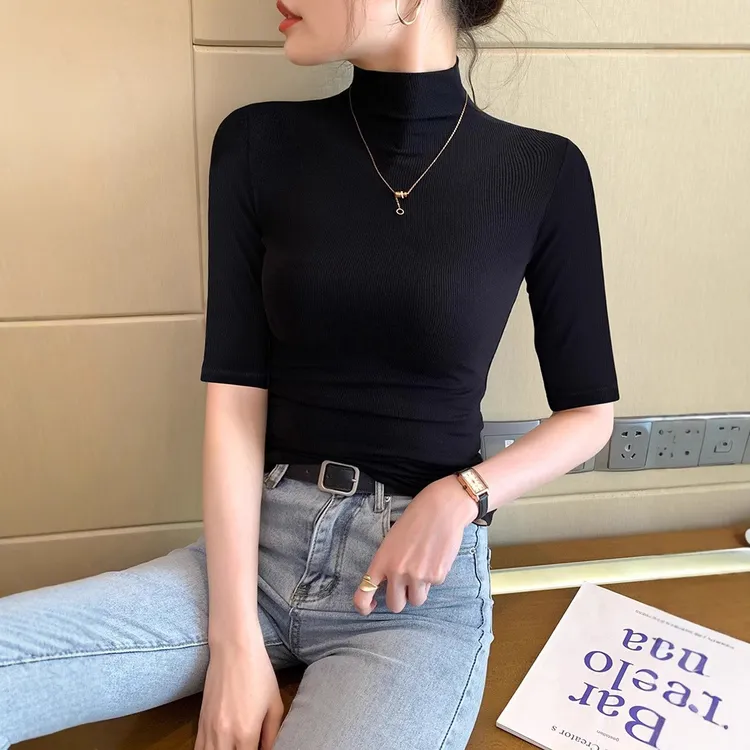 夏季莫代尔半高领打底衫中袖t恤女洋气五分袖薄款七分袖内搭上衣T