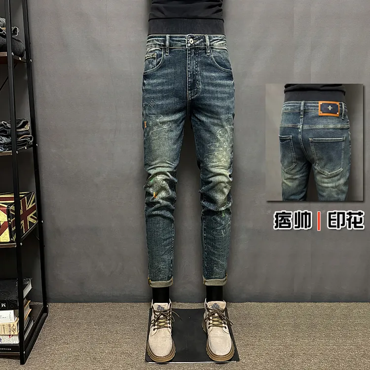 秋冬款印花牛仔裤男士2025新款修身小脚复古潮流百搭裤子男款休闲