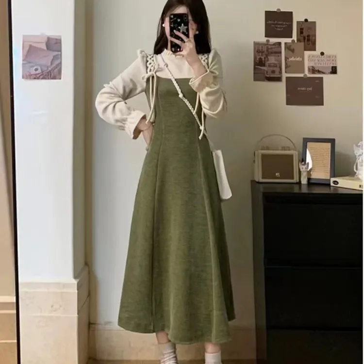 微胖mm大码女装长裙秋冬新款收腰显瘦假两件减龄洋气连衣裙1306