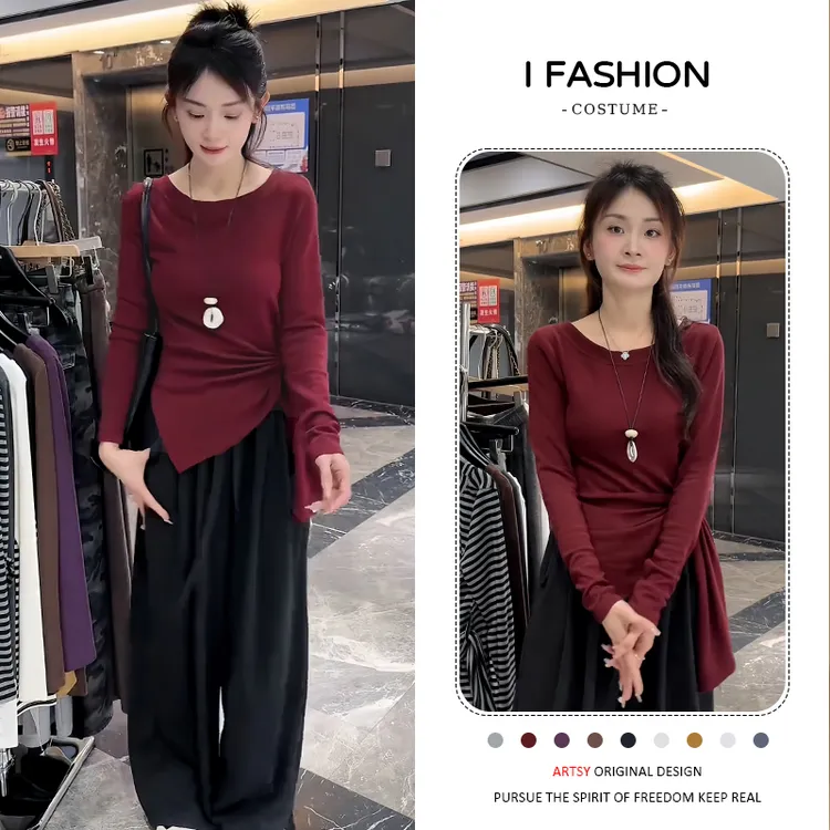 高含棉慵懒风宽松休闲t恤女2025年春秋新款修身显瘦露肩条纹上衣