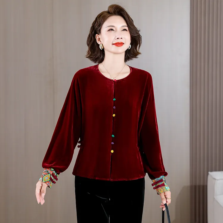 复古收腰外套秋季国风气质时尚圆领彩色扣子韵味丝绒减龄上衣女