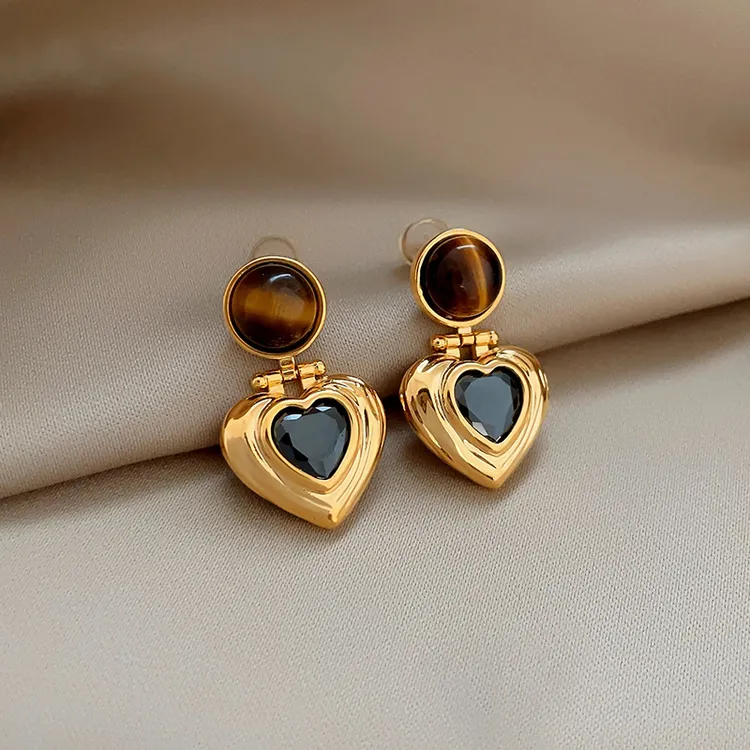 铜合金耳饰 美拉德虎眼石心形耳环女复古高级感耳钉2025新款耳饰 