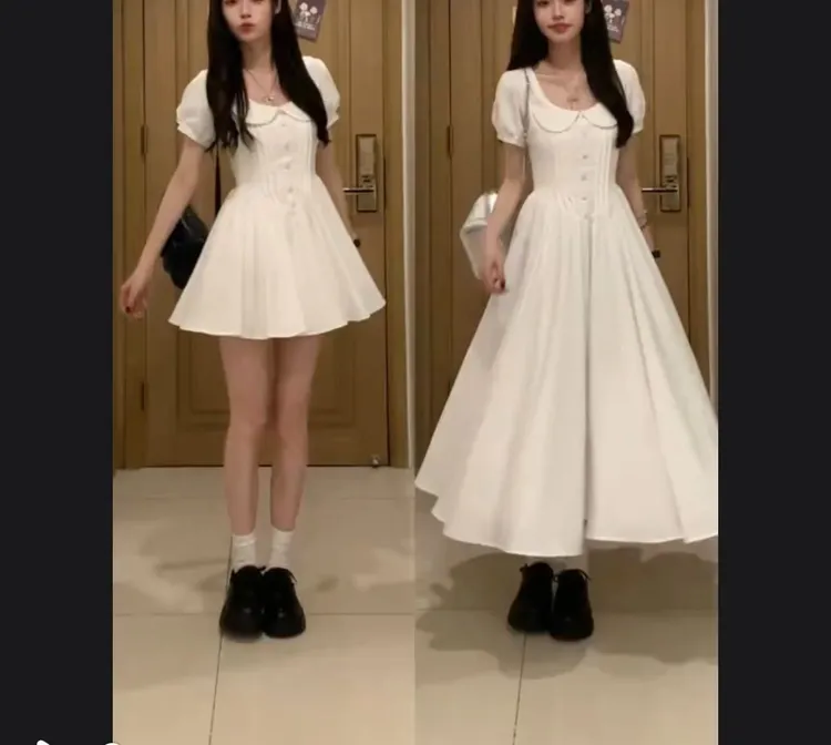 6380纯欲风娃娃领连衣裙胖MM夏季新款法式气质收腰显瘦A字裙