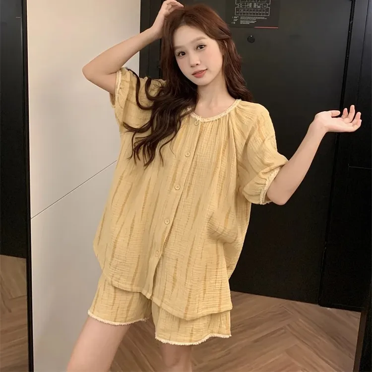 减龄甜美蕾丝花边纯棉纱布睡衣女夏季短袖短裤复古条纹全棉家居服