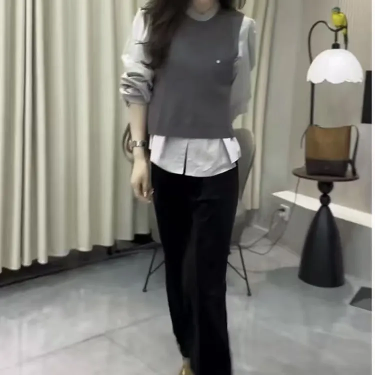 新款时尚百搭长袖衬衫背心马甲高腰半身裙潮流女装