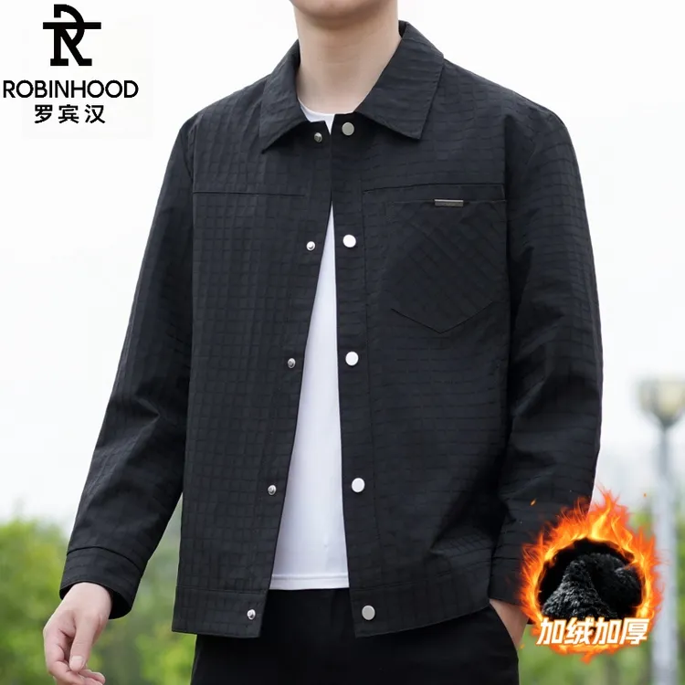 罗宾汉/ROBINHOOD春秋季新款时尚夹克外套男士夹克衫翻领加绒上衣