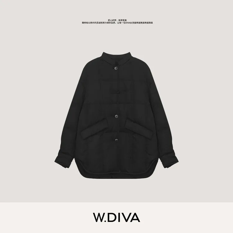 W.Diva【墨域】桑蚕丝鹅绒黑色羽绒服新中式立领外套女54C202702