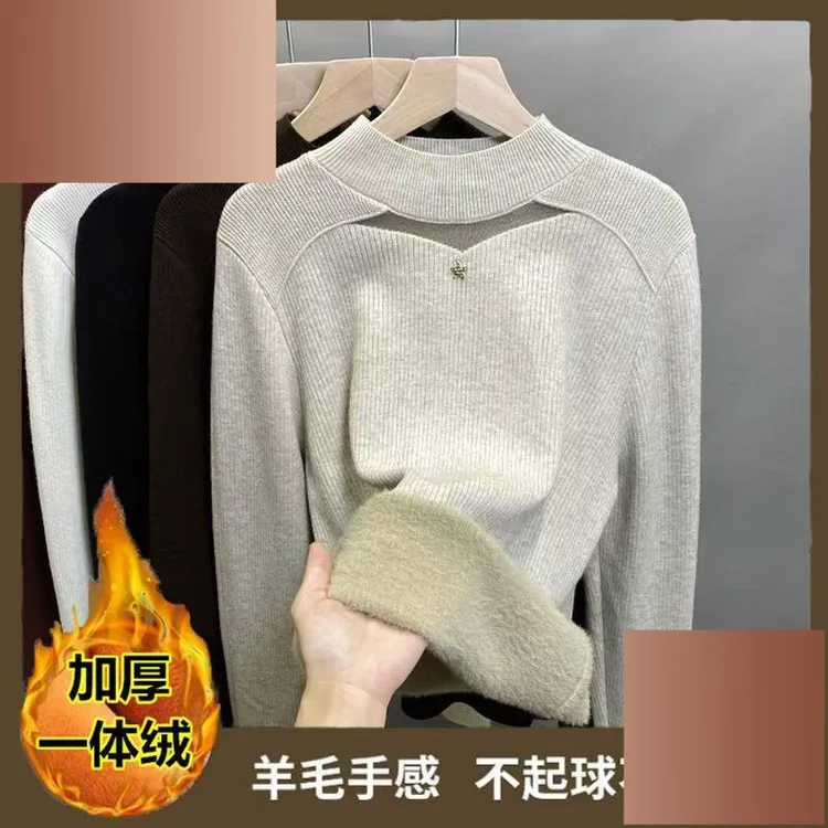 洋气时尚宽松款一体绒蕾丝毛衣女加绒厚打底衫秋冬针织衫内搭上衣