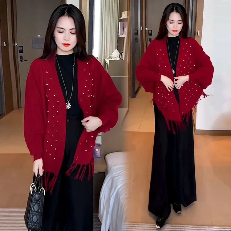 时尚套装针织开衫外套女2025秋冬新款洋气质宽松显瘦烫钻流苏披肩