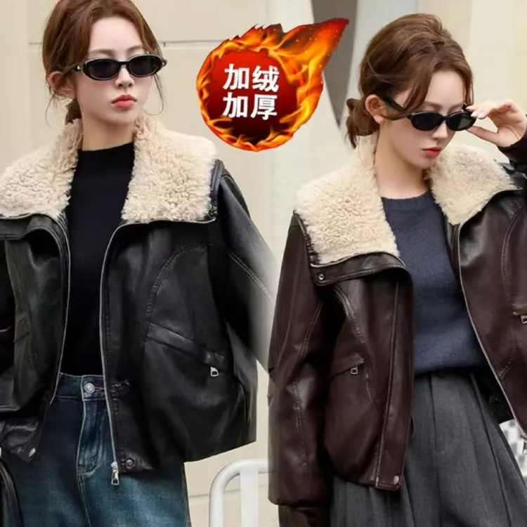 大翻领加绒皮衣短外套女2025秋冬新款保暖时尚酷飒机车软皮夹克