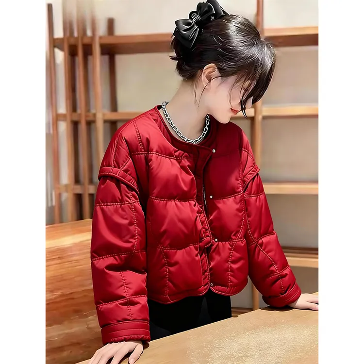 红色棉服外套女高级感气质丝绒保暖冬季2025爆款时髦通勤加厚棉袄