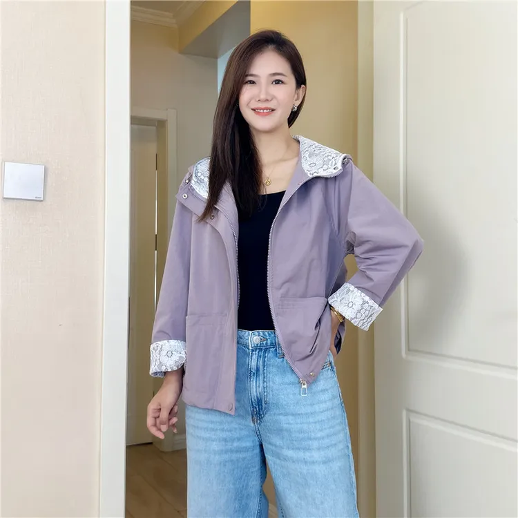 紫色休闲短外套女春秋2025新款高级感减龄洋气百搭蕾丝拼接薄上衣
