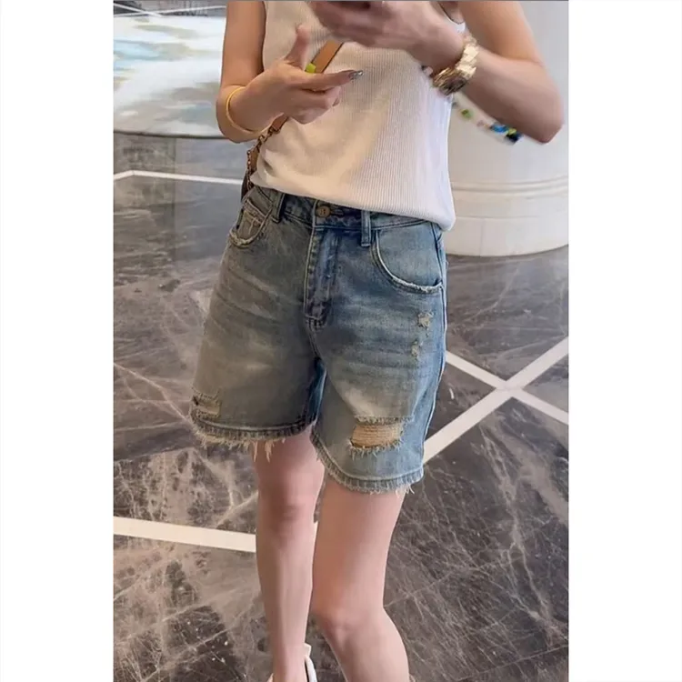 艾塔莉高腰阔腿裤显瘦五分裤夏季新款女短裤百搭牛仔直筒裤破洞