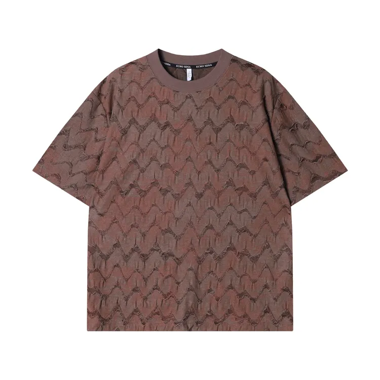 早春新款时尚个性韩版波浪磨破圆领短袖T恤痞帅潮流百搭套头上衣