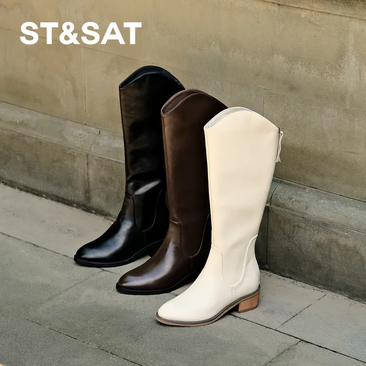 【天后系列】星期六女鞋时尚长筒靴百搭高筒靴尖头厚底西部牛仔骑士