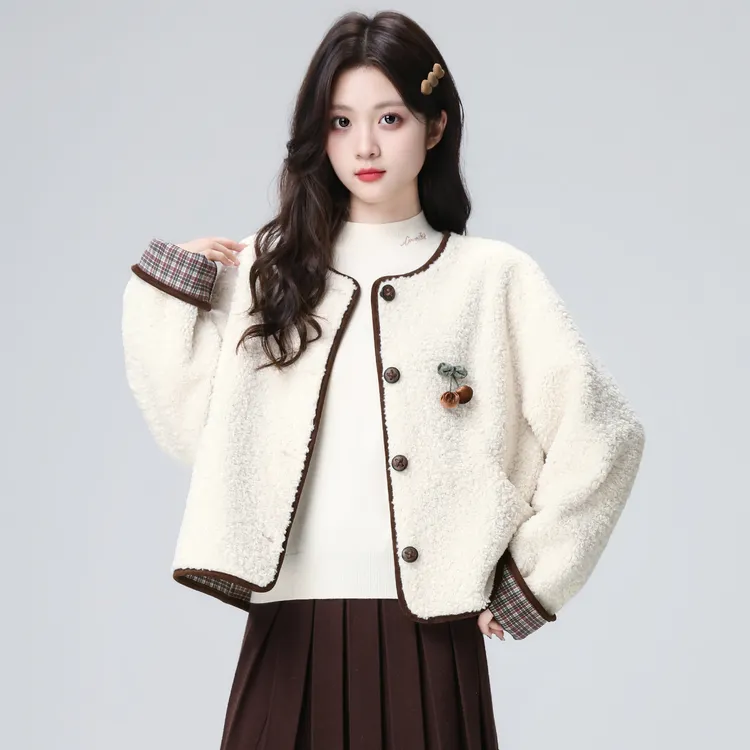小香风圆领羊羔毛外套女2025冬季新款宽松皮毛一体羊羔绒短款上衣
