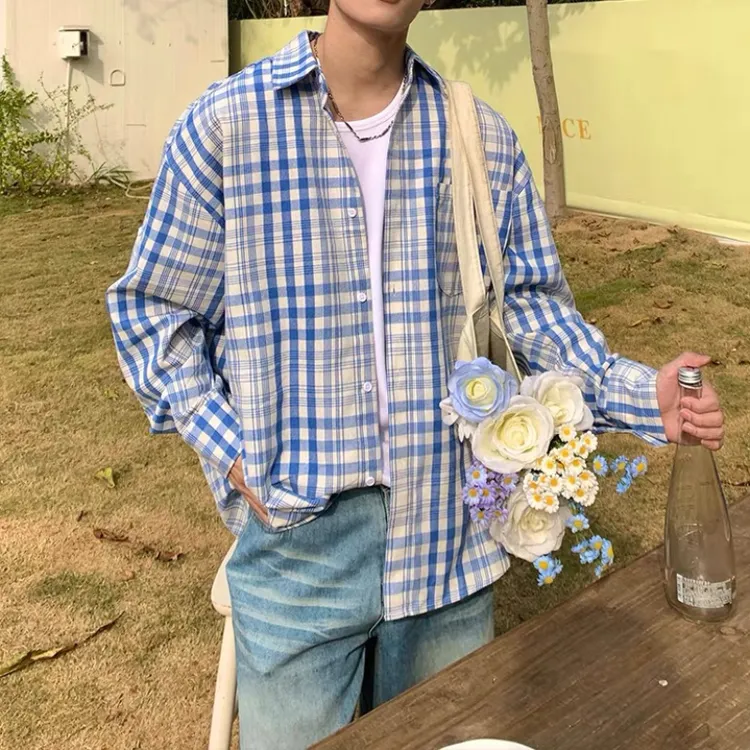 美式复古感蓝色格子长袖衬衫男女潮春秋季宽松休闲情侣百搭衬衣