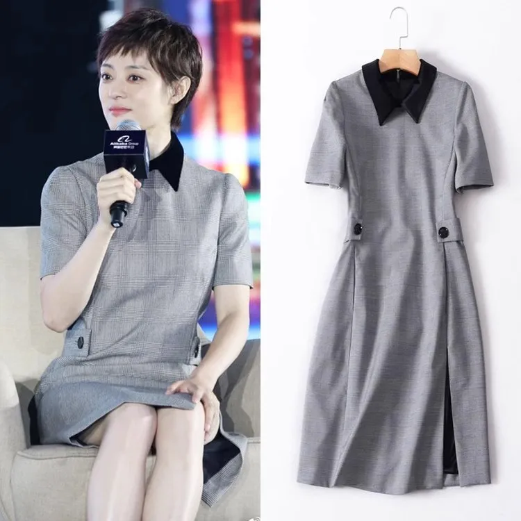 欧洲站2025春夏季款女装孙俪明星同款时尚气质翻领格子连衣裙欧货