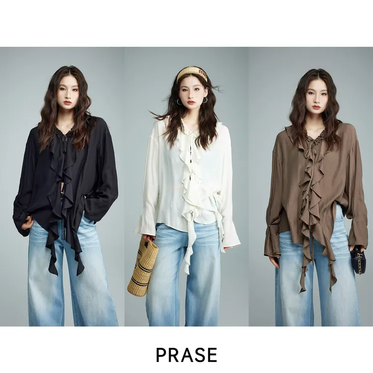 PRASE·噜【轻法少女】微胖轻奢设计款秋女亚麻花边绑带衬衫PR506B90