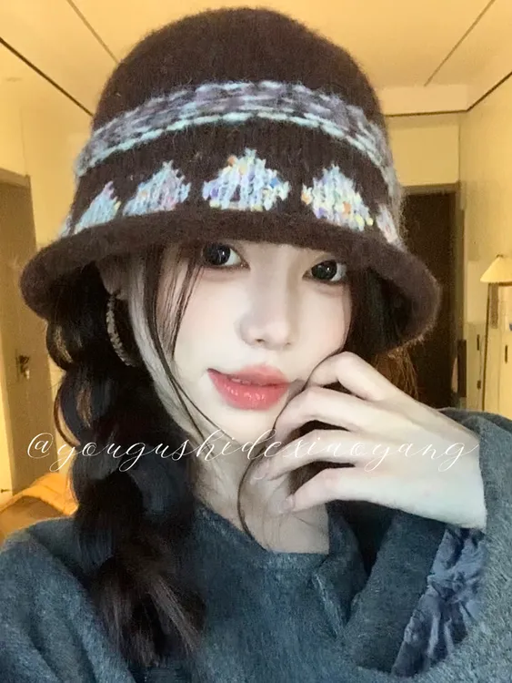 韩系ins费尔岛复古针织渔夫帽女秋冬日系甜美显脸小卷边盆帽女