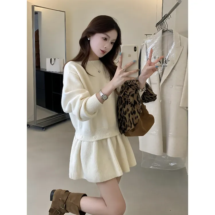 韩系穿搭一整套气质高级感针织衫女秋冬新款花苞裙半身裙两件套