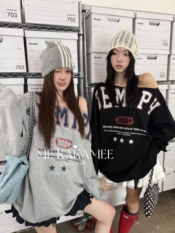 斜肩美式复古字母春季印花露肩宽松辣妹长袖卫衣休闲设计上衣