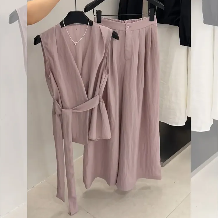 韩系独特系带收腰无袖上衣2025夏季新款洋气显瘦百搭阔腿裤套装女