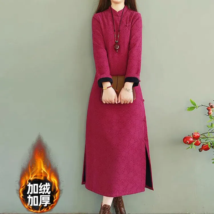 外贸出口品牌尾货女复古中式提花盘扣旗袍长裙加绒加厚棉麻连衣裙