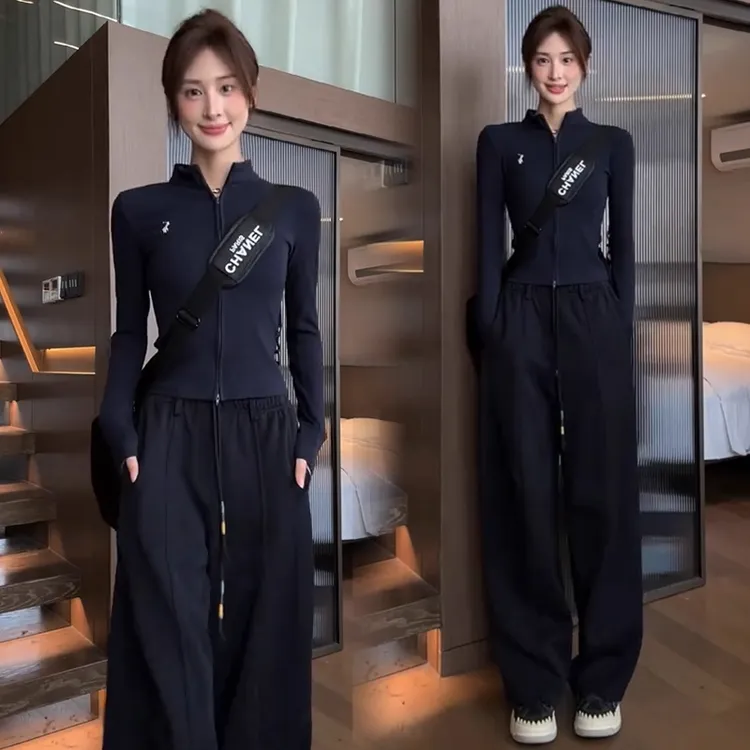 时尚休闲套装女2025春秋新款洋气显瘦立领开衫上衣阔腿裤两件套潮