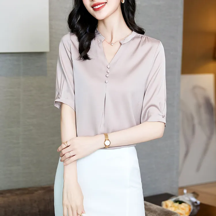 高级感时尚真丝上衣女半袖2025年夏装新款高端大牌桑蚕丝纯色衬衫