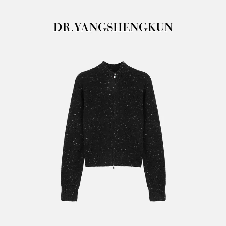 杨圣坤2025新品100%羊毛小香风花纱半高立领拉链针织开衫SQ259505