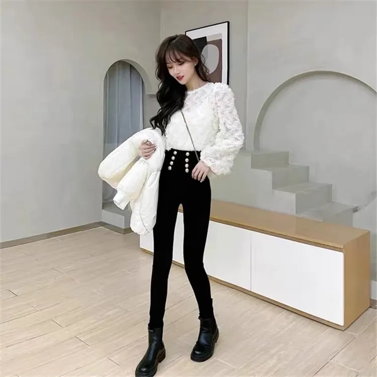 高腰双排扣小脚外穿裤修身紧身弹力裤显瘦韩版秋冬百搭黑色