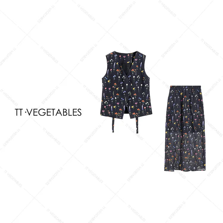 TT・VEGETABLES【序白】云柔 纯苎麻V领碎花套装517918